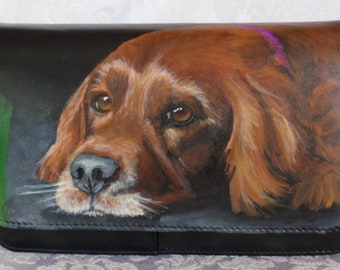 REDUCED Hand Painted Pet Portrait on an ili Leather Smart Phone Crossbody Purse with 'Maeve' Irish Setter hand painted