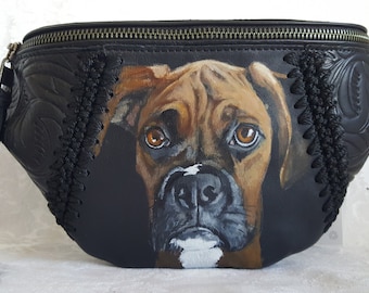 Custom Painted Belt Bag Sling Bag Leather Hand Painted Portrait of YOUR Pet on this SAK Hand Tooled Recycled Bottle Lining