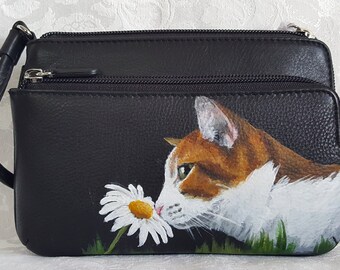 REDUCED Leather Wristlet Clutch Touchscreen Mesh Pocket with Alice the cat Hand Painted