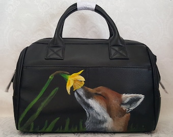 REDUCED Hand Painted Leather Doctor Bag Style Purse with a portrait of Frida the fox