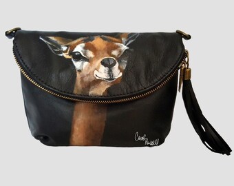 Italian Leather Crossbody Clutch Purse of 'Frieda' a Gerenuk Antelope