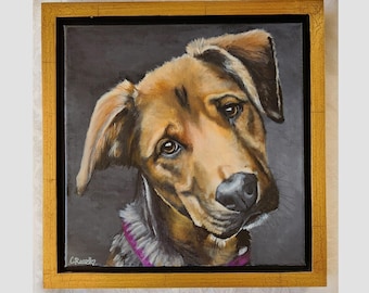 Original Acrylic Painting of Emma Rose, framed in a Black and Gold Crinkle floater frame 12"x 12"