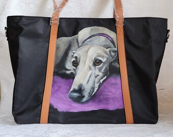 Custom Painted Tote Bag / Light Weight Nylon Polyester Tote Bag / Laptop Bag Hand Painted Portrait of YOUR Pet