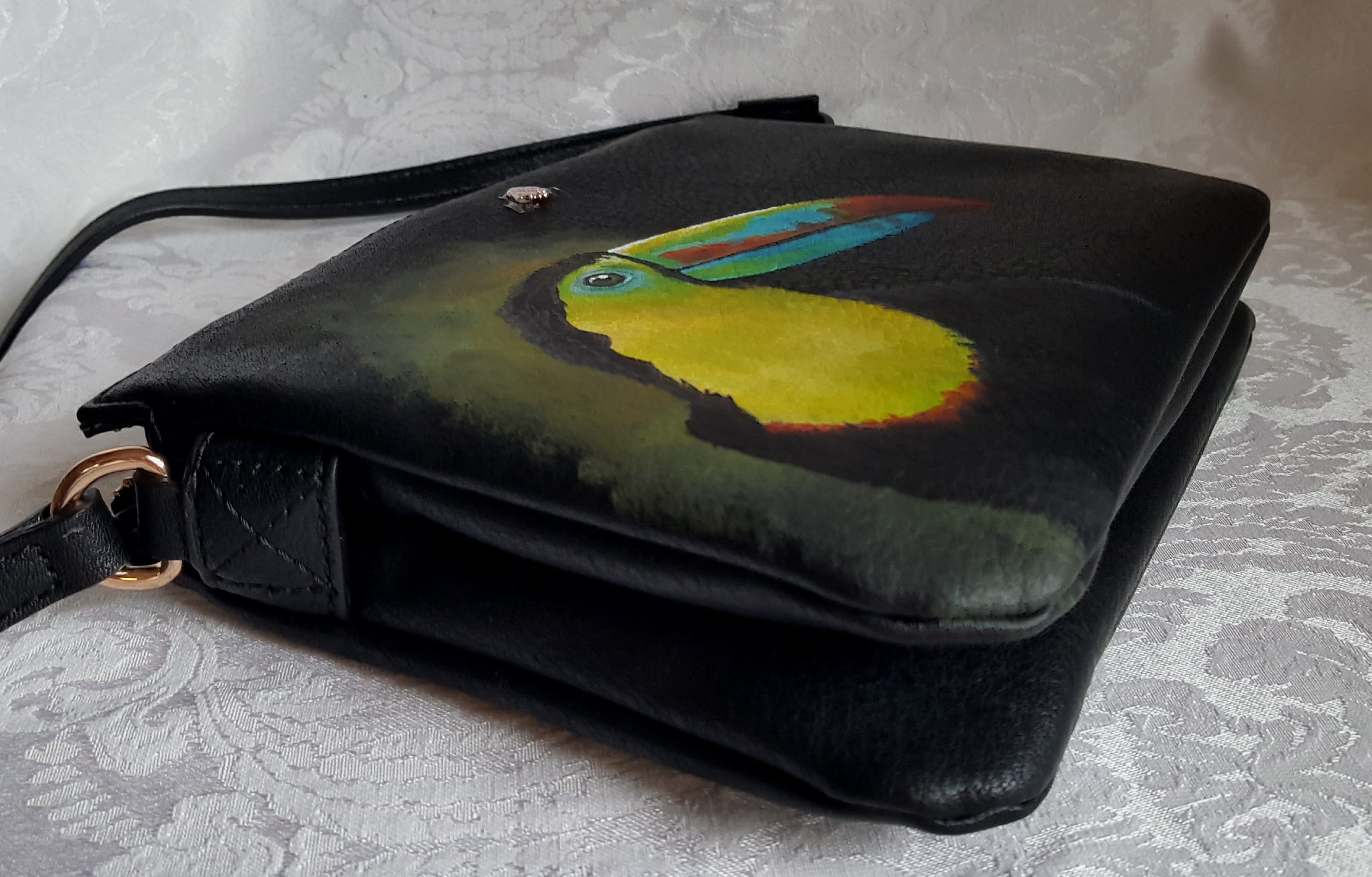 Hand Painted Crossbody Purse /Painted Molly the Tucan on a Lauren Conrad  Crossbody Purse / Cross body purse/ Faux Leather