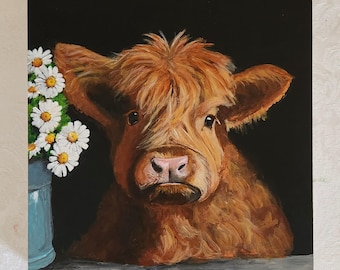 Acrylic Painting of ''Mabel' a baby Highland Cow on a 8x8 Wood Panel
