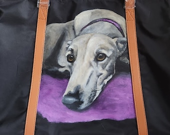 Hand Painted Tote Bag / Light Weight Nylon Polyester Tote Bag / Laptop Bag Hand Painted Portrait of Gigi a Greyhound
