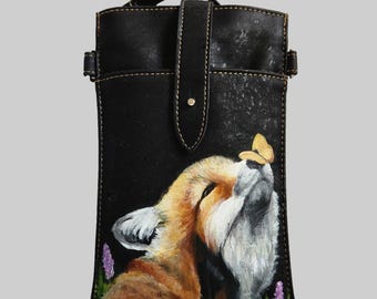 Cork Phone Crossbody Bag with hand painted portrait of Rosie the baby fox.