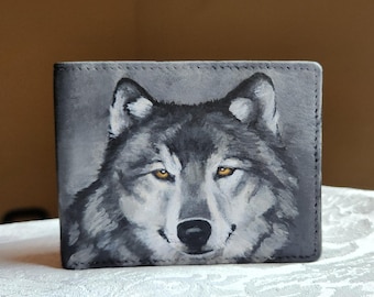 Bi-fold Leather Wallet with Card Slots Card ID Window Hand Painted Leo the Wolf