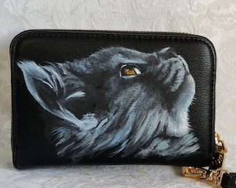 Vegan Faux Leather Small Zip Around Wristlet Wallet with hand painted portrait of Phoebe