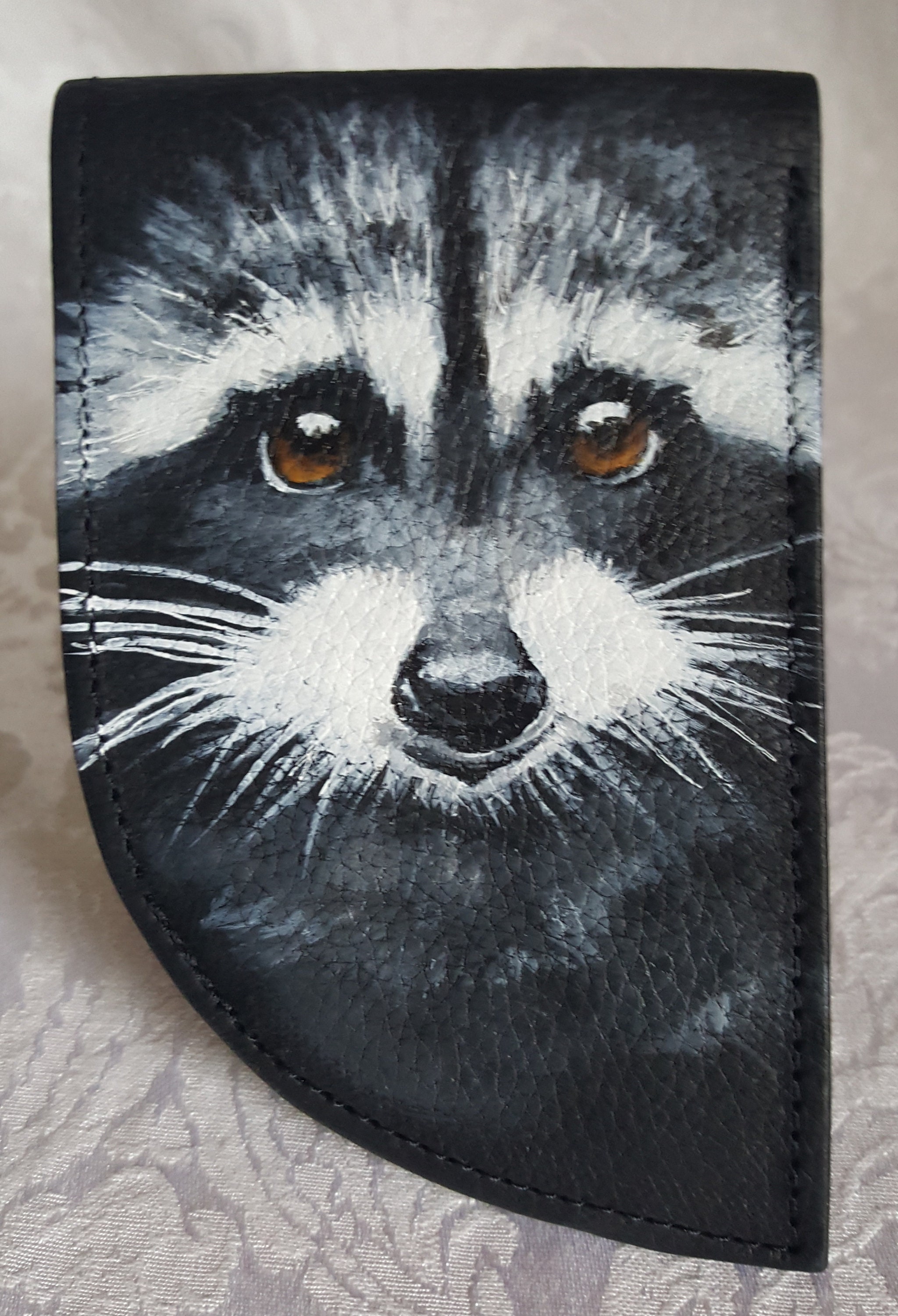 Front Pocket Leather Wallet with 'Hank' the Raccoon hand painted.
