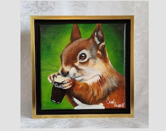 8"x8" Acrylic Painting of 'Arthur a Beer Drinking Squirrel'.  Framed in a Gold Floater frame
