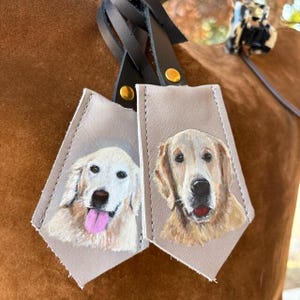 Custom Hand Painted Pet Portrait on a leather bag tag for either small bag or large bag satchel