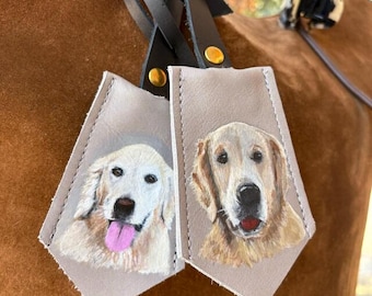 Hand Painted Pet Portrait on a leather bag tag for either small bag or large bag satchel