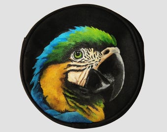 Hand Painted Round Fabric Crossbody Purse with Dalila the Macaw Parrot