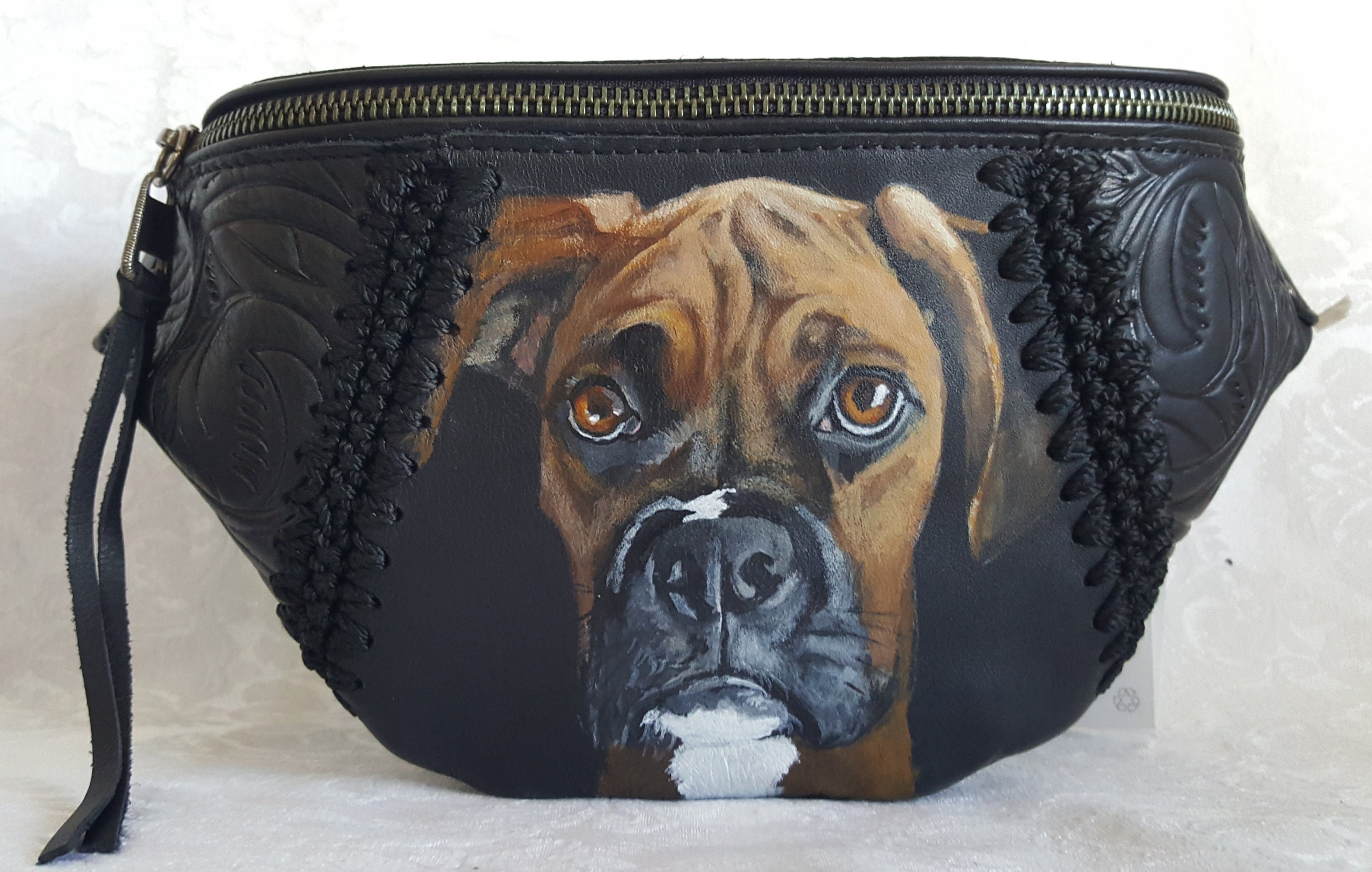 Custom Painted Belt Bag Sling Bag Leather Hand Painted Portrait of YOUR Pet  on this SAK Hand Tooled Recycled Bottle Lining
