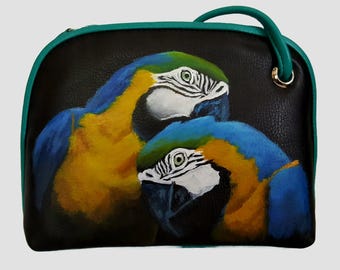 Leather Crossbody Purse with Fred & Ethel the Macaw Parrots hand painted