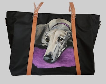 Hand Painted Tote Bag / Light Weight Nylon Polyester Tote Bag / Laptop Bag Hand Painted Portrait of Gigi a Greyhound