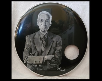 Custom Painted Mylar Bass Drum Head with either a famous musician in B&W or full color of your pet's portrais