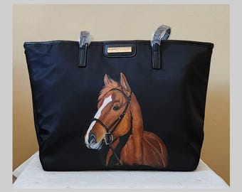 Hand Painted Tote Bag / Light Weight Nylon Polyester Tote Bag /Hand Painted Portrait of Dillon a Chestnut Horse