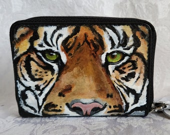 Credit Card Holder / Double Zip Credit Card Holder / Leather holder With Hand Painted Tiger, 'Al'