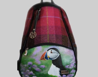 Irish Tweed Backpack Leather Tweed Hand Painted with Irish Puffin Ireland Muckros Weavers