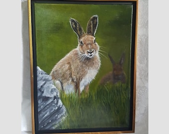 Irish Collection Original Acrylic Painting of 'Harry', an Irish Hare.  Framed in a Black and Gold Floater frame  12"x16"