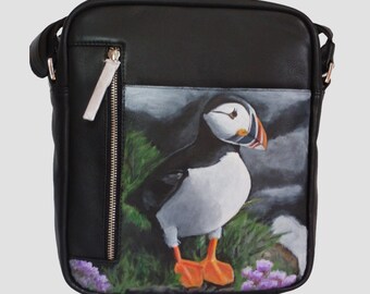 ili Leather City Messenger Bag with 'Sean' the Puffin hand painted