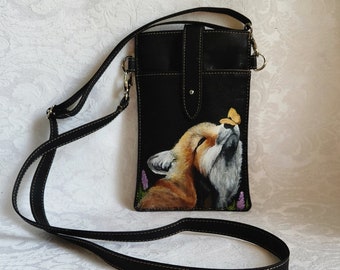 Custom Painted Cork Phone Crossbody Bag with hand painted portrait of YOUR pet.