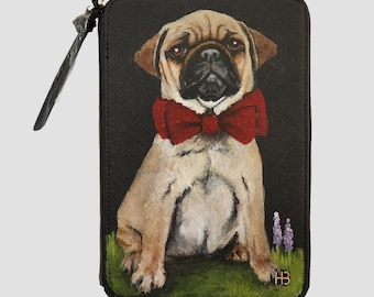 Jewelry Organizer Portfolio Vegan Leather with a portrait of Dalilah the pug.