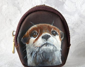 Bag Charm Leather Pouch Coin Pouch Hand Painted Oliver the Otter