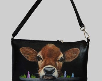 Wristlet Purse Baguette Clutch Convertible Wristlet Leather Hand Painted with Portrait of Eloise the baby cow..