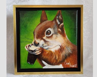 8"x8" Acrylic Painting of 'Arthur a Beer Drinking Squirrel'.  Framed in a Gold Floater frame