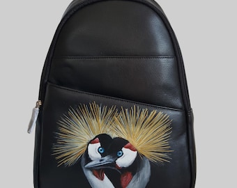 Hand Painted Sling Bag Backpack with a Portrait of Coco and Charlie, African Crown Cranes