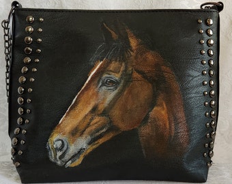 Crossbody Vegan Faux Leather Purse Rivet and Chain Strap 'Bob' Bag with portrait of Declan, a horse.