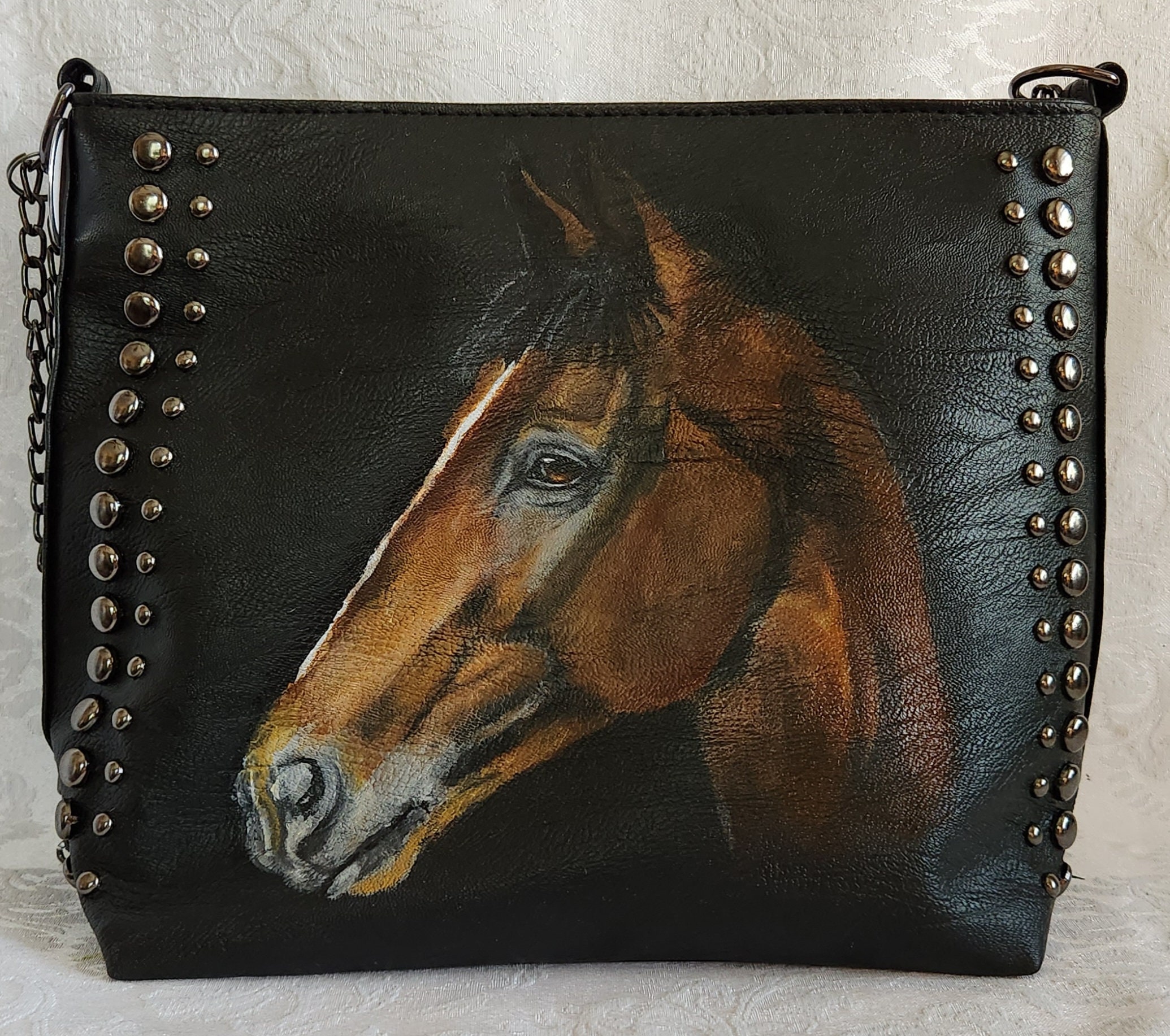 Crossbody Vegan Faux Leather Purse Rivet and Chain Strap Bob Bag with portrait of Declan a horse