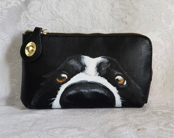 Crossbody wristlet Vegan Leather Purse with hand painted portrait of Monty a Border Collie