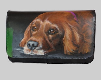Hand Painted Pet Portrait on an ili Leather Smart Phone Crossbody Purse with 'Maeve' Irish Setter hand painted