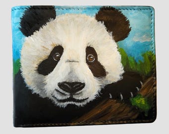 Bi-fold Leather Wallet with Card Slots Coin Pouch Hand Painted Amy the Panda