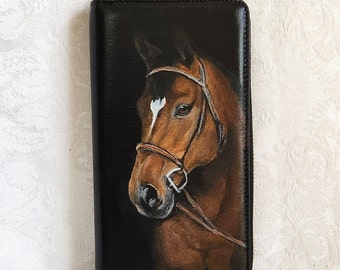 Leather Zip Around Wallet / Passport wallet Phone wallet hand painted with Adam, a Quarter Horse