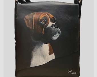 Leather Crossbody Purse Tablet iPad Bag with Eddie the Boxer hand painted