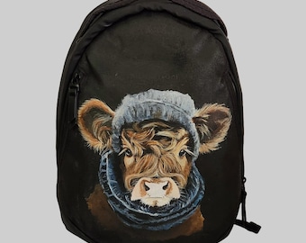 Hand Painted Sherpani Avalon Backpack Daypack with Hand Painted Portrait of Grace a Highland Calf