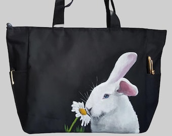 Tote Bag Zippered Top hand painted with portrait of Sam the Bunny