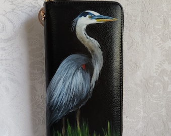 Leather Zip Around Wallet / Wristlet hand painted with Charlotte, a Bue Heron