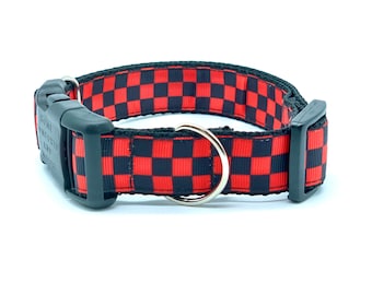 Rad Red Checker Dog Collar with tag holder, Dog Collar and Leash available as a set, free shipping on all orders