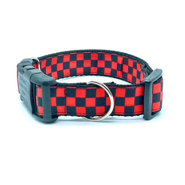 Rad Red Checker Dog Collar with tag holder, Dog Collar and Leash available as a set, free shipping on all orders