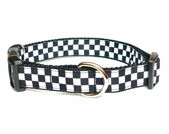 Classic Checker Black and White Dog Collar with tag holder, Dog Collar and Leash available as a set, free shipping on all orders