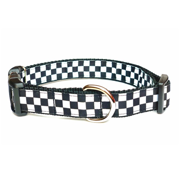 Classic Checker Black and White Dog Collar with tag holder, Dog Collar and Leash available as a set, free shipping on all orders