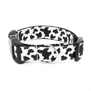 Collar clásico de piel de vaca con estampado de vaca en blanco y negro para perros, con correa a juego opcional.