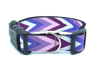 May include: Purple, pink, and white chevron patterned dog collar with a black buckle and silver D-ring.
