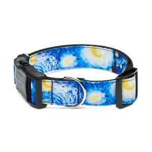 Vibrant Van Gogh Starry Night Blue Yellow Dog Collar with tag holder, Dog Collar and Leash set, free shipping/ optional matching keychain